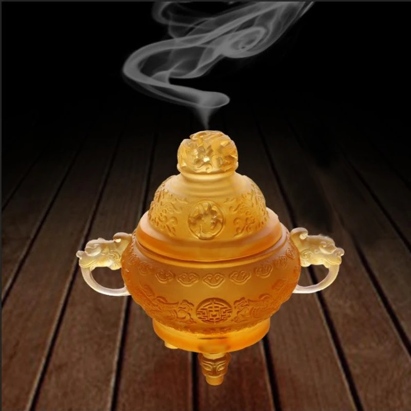 Imitate Ancient Glass Tripod RuYi Double Ears Incense Coil Incense Burner Sanded Texture Household Inside Room Tea Ceremony
