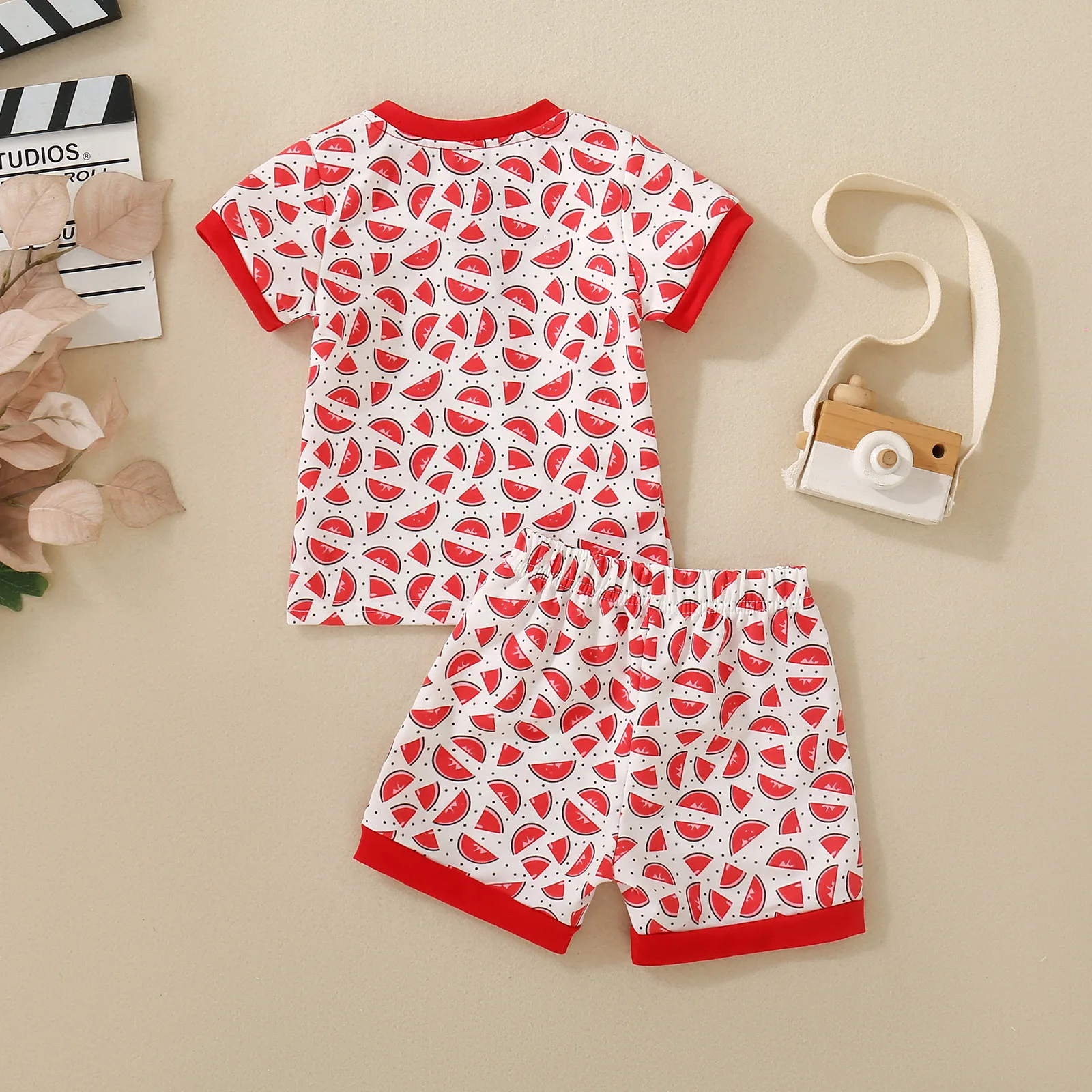 Summer Neutral Infant Watermelon Printed Short Sleeve T-Shirt + Shorts Two-piece Set