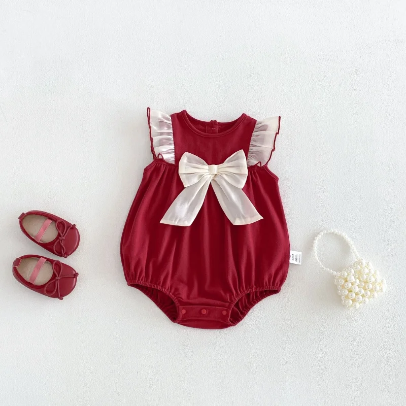 2026  Summer Cute 3M-24M Newborn Girls Burgundy Romper Sleeveless Ruffle Fly Shoulder Big Satin Bow Thin Sweet  Bodysuit