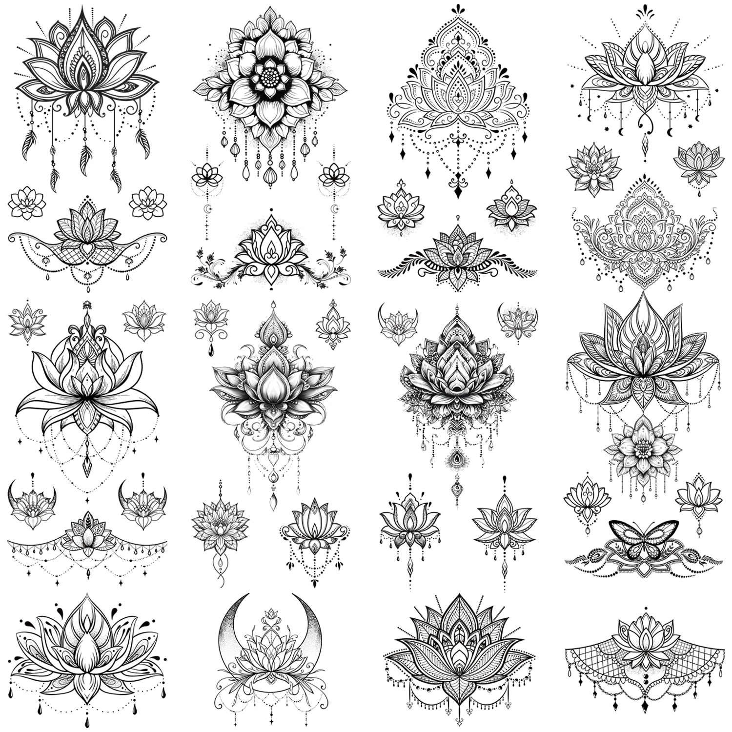 10 Sheets Sexy Black Lotus Temporary Tattoos For Women Wedding Brides, Tribal Fake Jewelry Pendant Lace Moon Moth Flowers