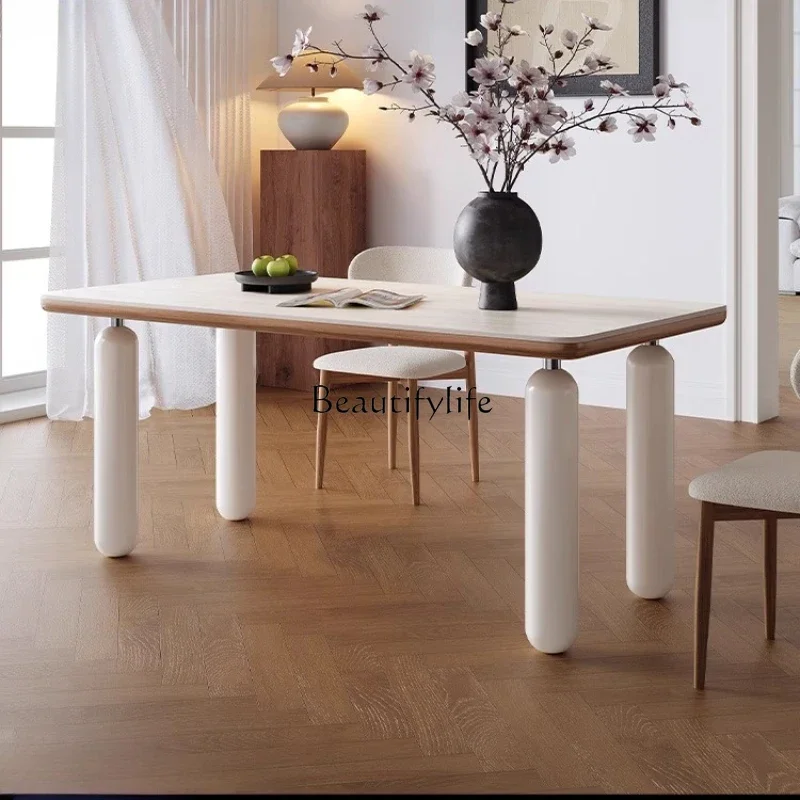 

LXFrench cream style dining table household small apartment rectangular solid wood rock board dining table and chairsSSS