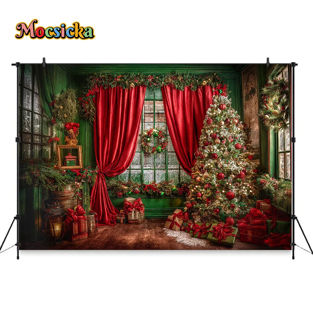 Mocsicka الأحمر هدية عيد الميلاد غرفة خلفية التصوير الستائر نافذة شجرة عيد الميلاد الخضراء خلفية طفل الأسرة الشتاء استوديو الصور