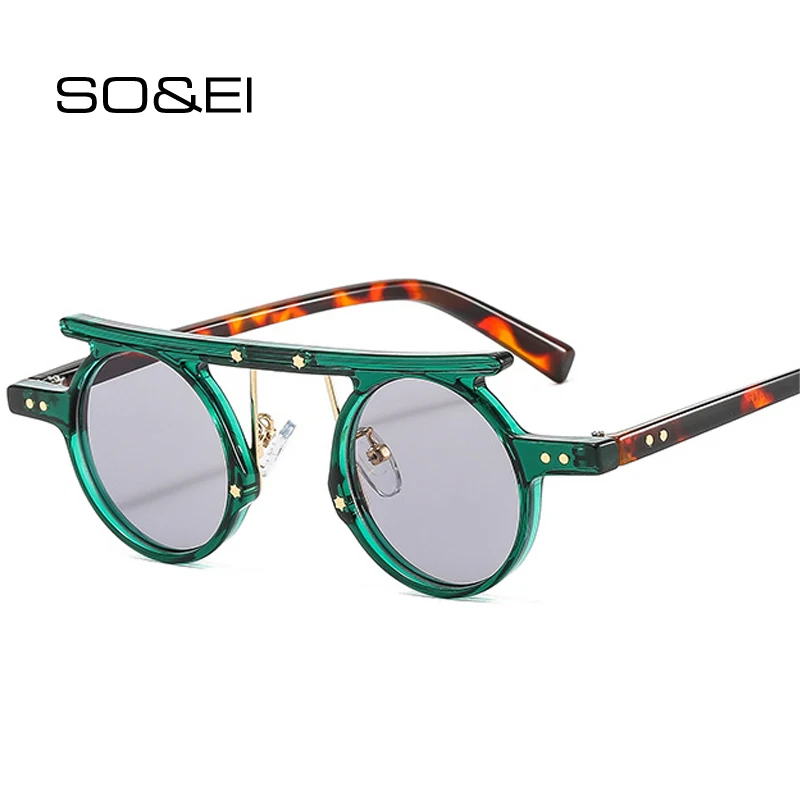 SO&EI Fashion Small Round Punk Sunglasses Women Retro Clear Ocean Gradient Lens Shades UV400 Men Double Color Rivets Sun Glasses