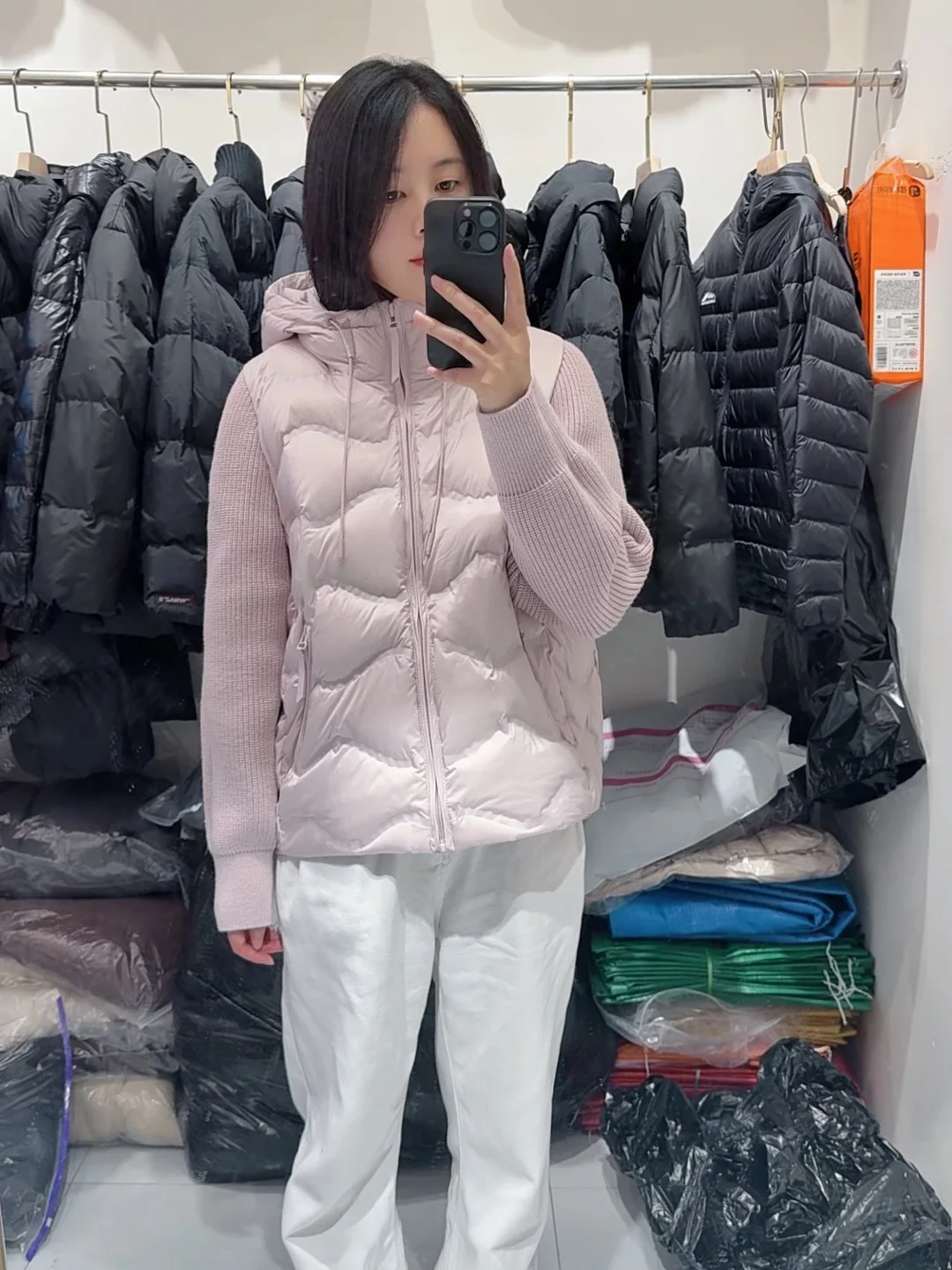 2025, wintermode nieuwe dames donsjack met capuchon, commuter splitsen, gebreide mouwen, lichtgewicht jack