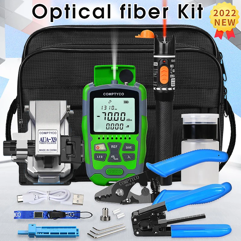 Fiber Optic Tool Kit with AUA-X9 Fiber Cleaver -70+10dBm/-50+26dBm 3 in 1 Mini Optical Power Meter 10Mw Visual Fault Locator