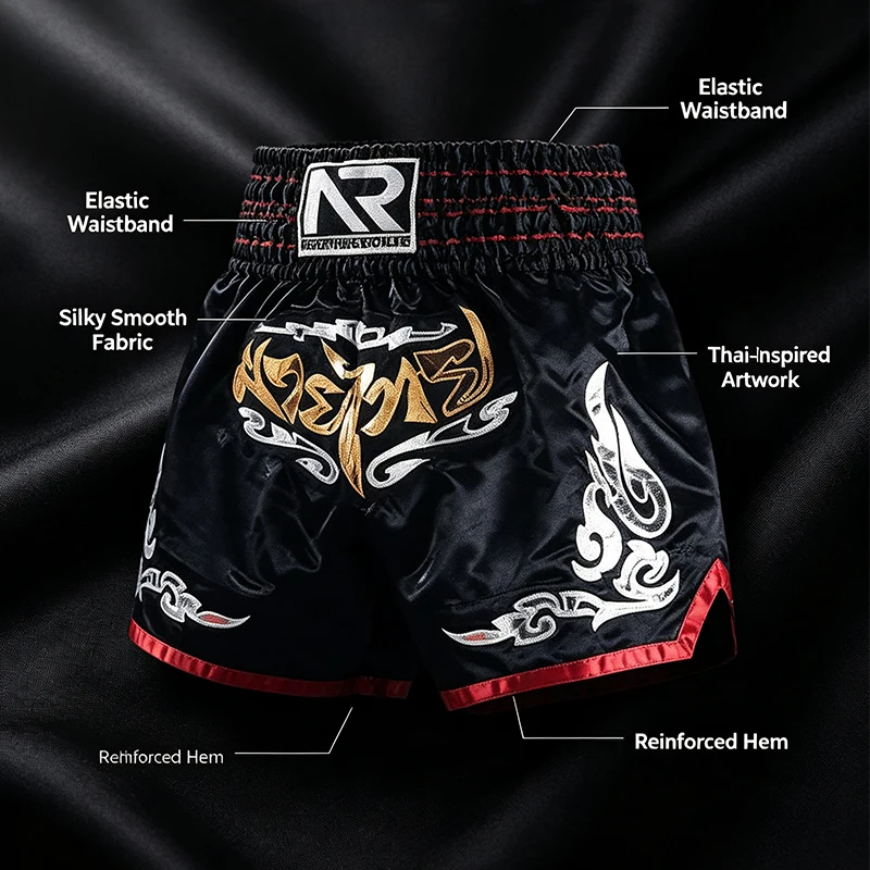 Muay Thai Fight Shorts Boxing Competition Shorts Thai Embroidery Satin Martial Arts MMA Kickboxing Training Pants Men Women Kids