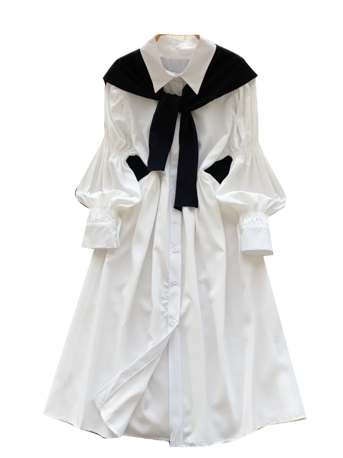 Ele White irt Dr with Bubble Sves Waist-Cinching Knitted awl Two-Piece Set for Young Women Faionable Court Sle