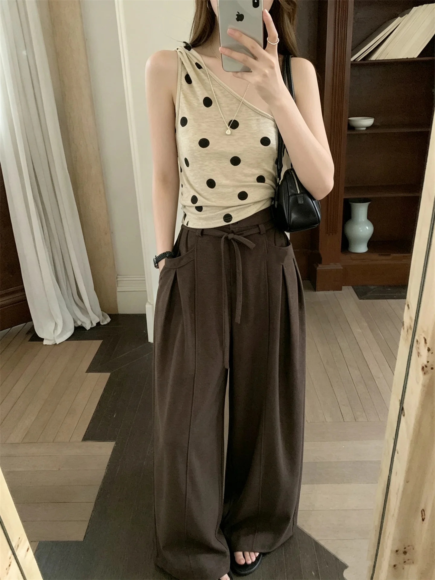 

Retro Polka Dot Slim Fit Summer Outfit for Women Casual High Waist Wide Leg Pants Vest Two Piece Set Commute Style