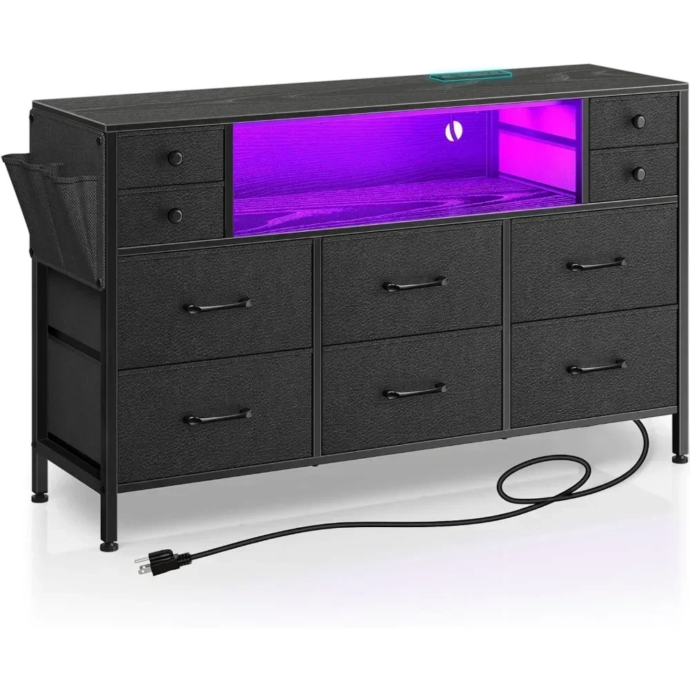 Dresser with Power Outlets and LED Lights, 10 Drawers Dresser with Side Pocket, Fabric Chest of Drawers with PU Finish Small