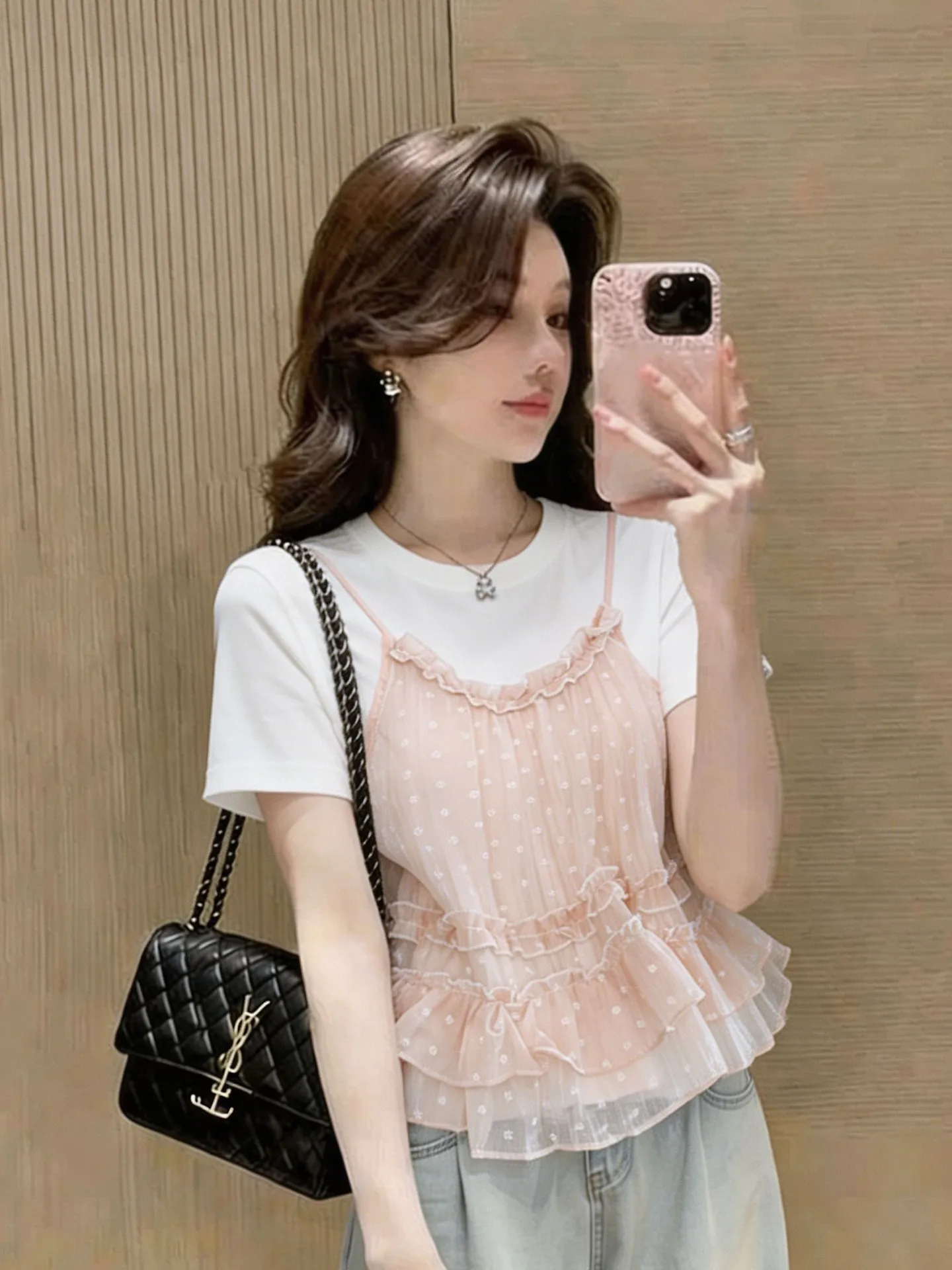 Summer New Gentle Atmosphere Floral Lace Halter Neck Top Korean Style Short Sleeve Knitted Cotton Blend Basic Fit T-Shirt