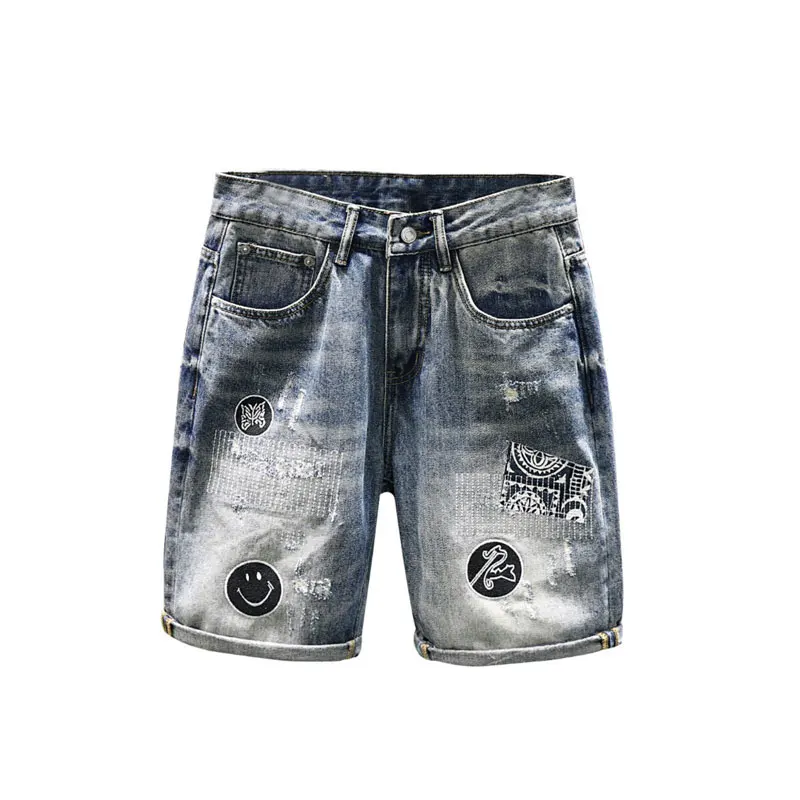 Street Fashion Men Jeans Summer Vintage Retro Blue Straight Fit Ripped Short Jeans Patched Designer Hip Hop Denim Shorts Men