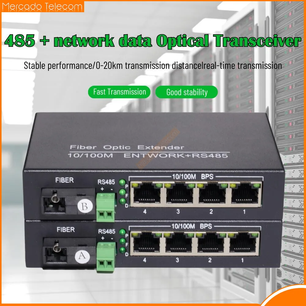 1Way RS485 Bidirectional Data Fiber Converter 4ports 100M/1000M Ethernet Simplex SM 20km