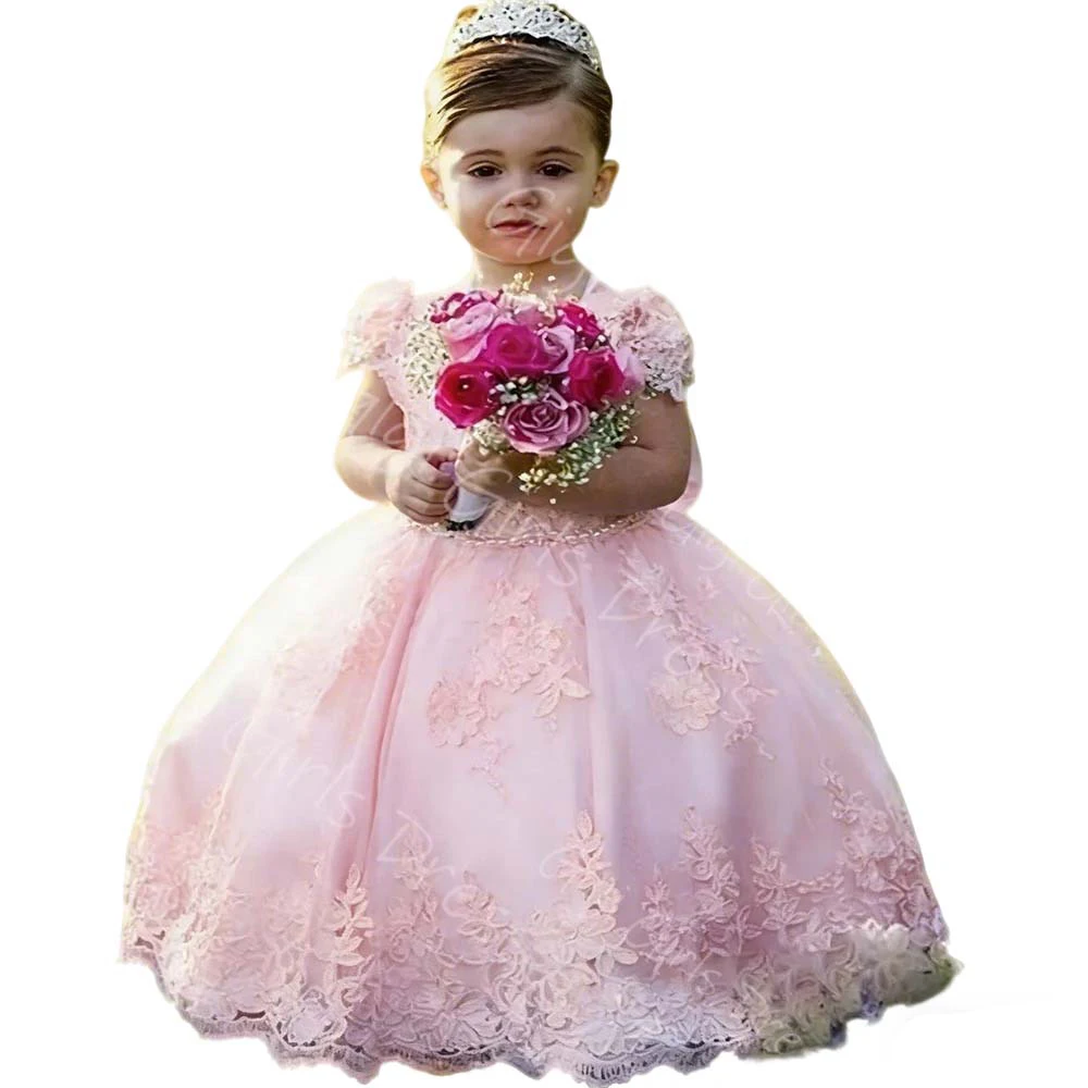 

Платье с цветочным узором для девочек по индивидуальному заказу на свадьбу, розовое тюлевое пышное платье принцессы с аппликацией и бантом/жемчугом, праздничное бальное платье