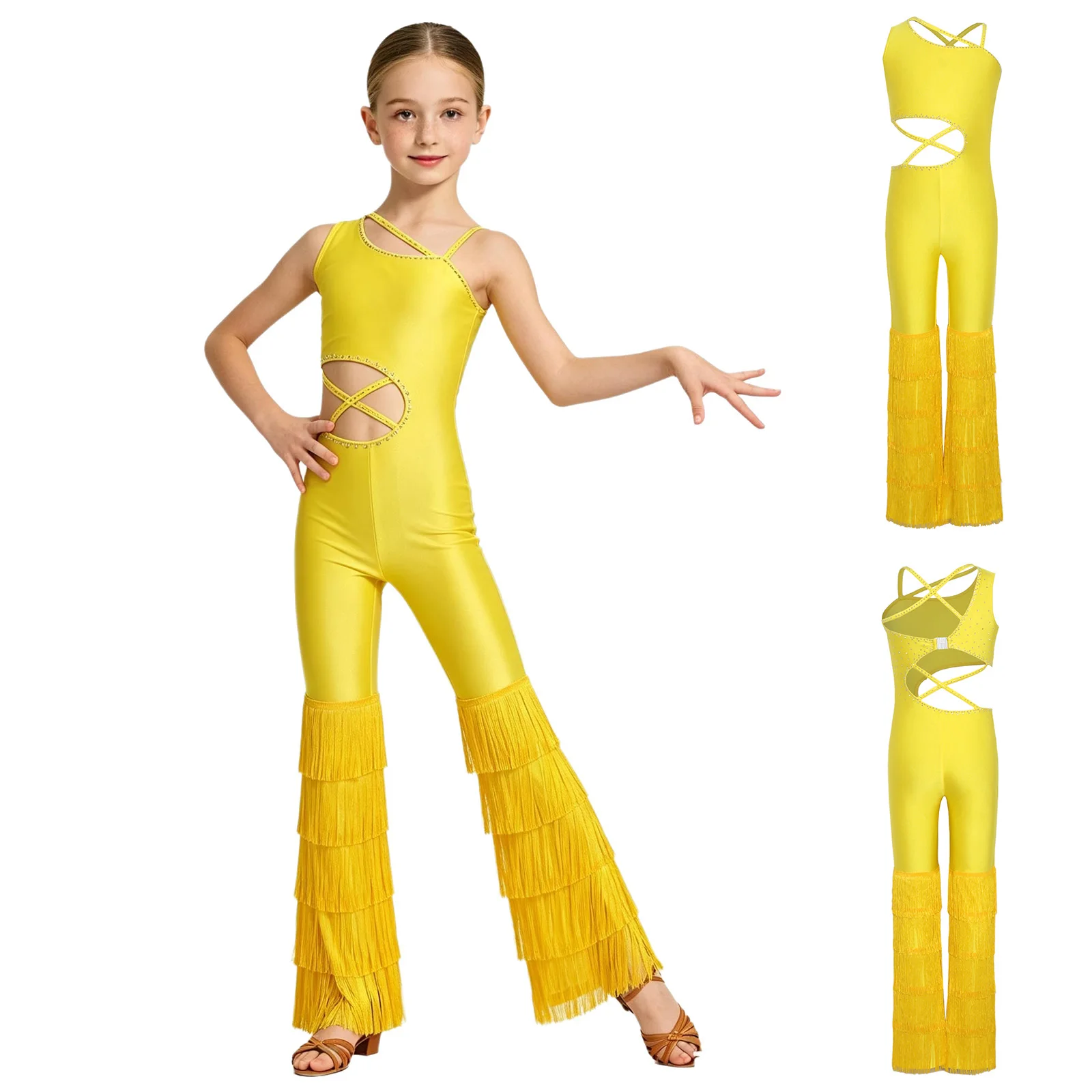 Children Girls Latin Dance Jumpsuit Shiny Rhinestone Cutout Tassel Bodysuit for Cha-cha Tango Samba Rumba Ballroom Performance