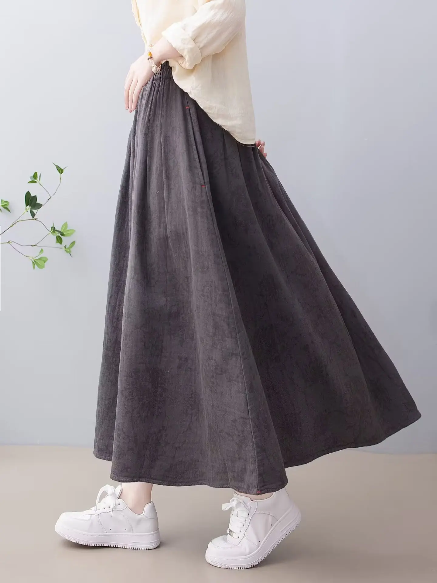 New 2026 Autumn Women Cotton Linen Skirt, Elastic Waist Printed, Mori Girl Korean Temperament Casual Loose A-line Skirt B69390CC