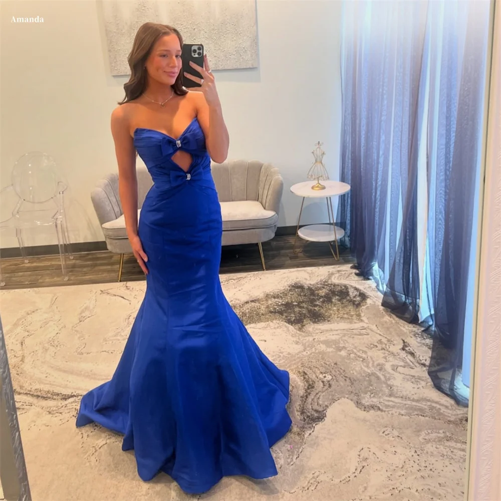 Amanda Customized Deep Blue Strapless Mermaid Trailing Prom Dresses Sleeveless vestidos de noche Bow Formal Evening 2025