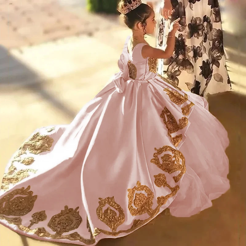 Vestidos de niña de flores para bodas, niños pequeños, Apliques de encaje dorado, vestido de desfile de princesa, vestidos de noche de fiesta de satén con lazo