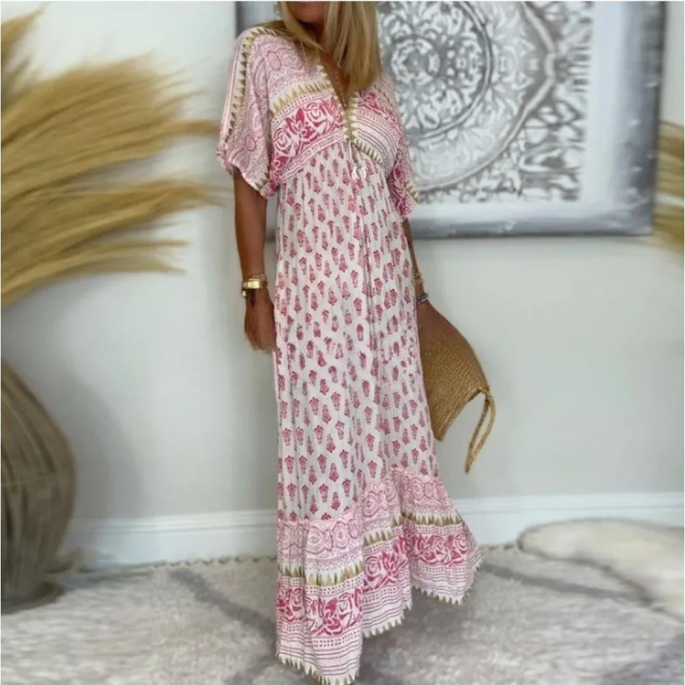 Trendy Women's V-neck Drawstring Slimming Positioning Print Half Sleeve Long Dress Beach Vacation Style Casual Loose Long Skirt