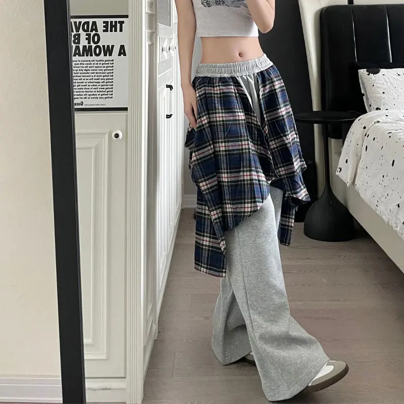 Spring Autumn American Retro Plaid Trousers Fake Two Pieces Sweatpants Women's Clothing Straight Casual Loose Patchwork Pants