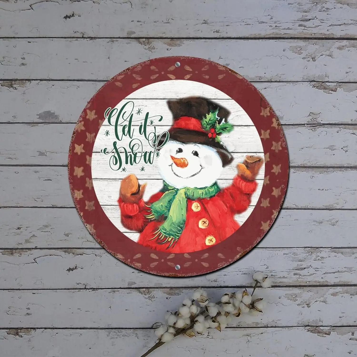 Merry Christmas Wreath Sign Let It Snow Snowman Star Wood Grain Round Metal Tin Sign Christmas Hanging Decorations Shabby Metal