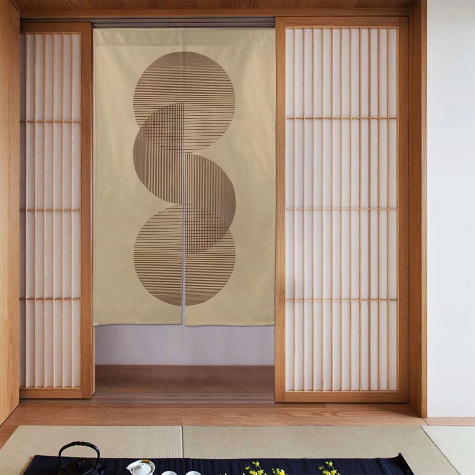 VIKAMA Japanese Wabi-Sabi Abstract Line and Circle Half-Door Curtain, Kitchen, Tea Room, and Home Decor Partition Curtain