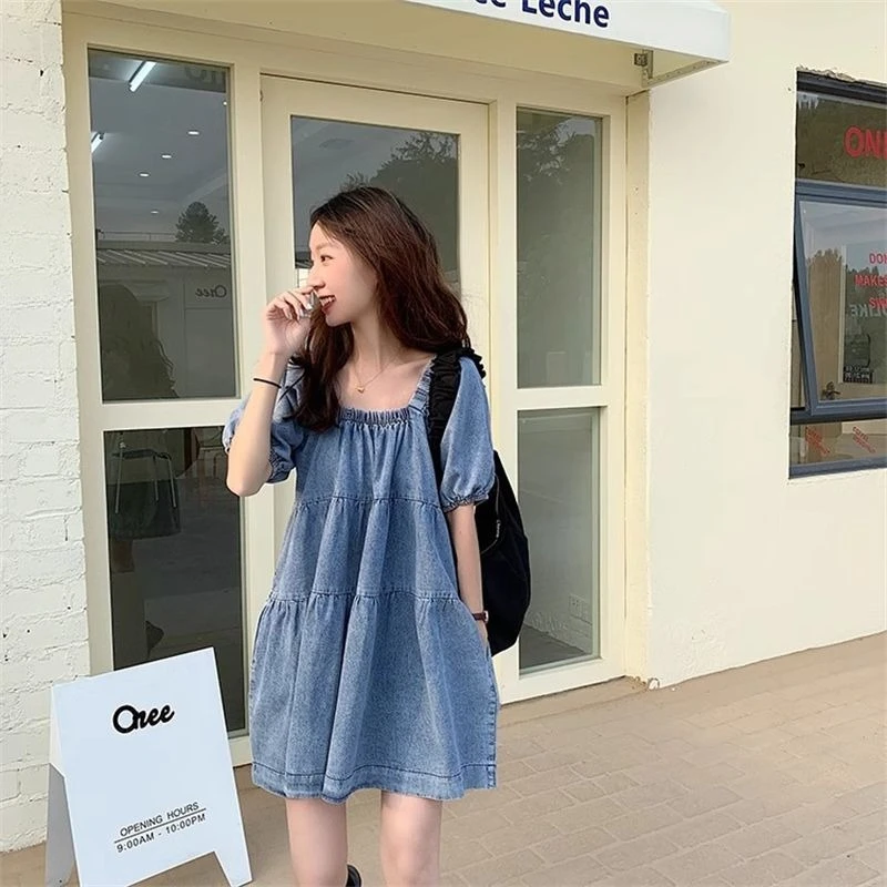 Women's Bubble Sleeve Denim Dress Summer Thin Short Skirt Casual Tummy Control Fashion Mini Dress 2026