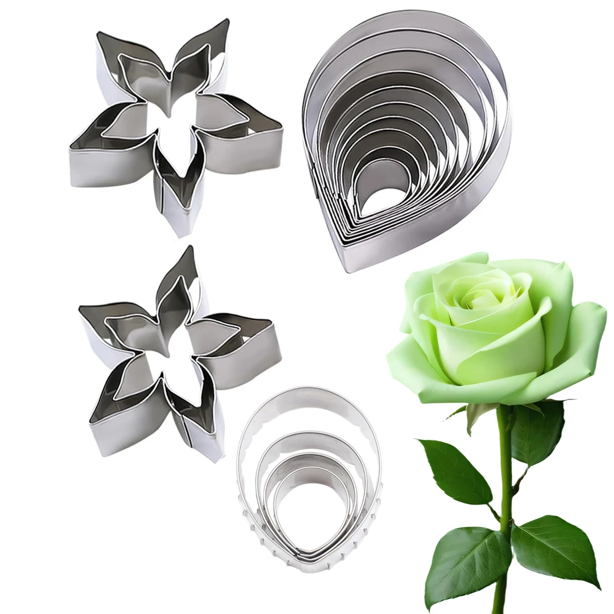 18pcs Rose Flower Leaf Petal Cutter Mold Set Gum Paste Fondant Baking Polymer Clay Mould Cake Decorating Tools Kitchen Supplies