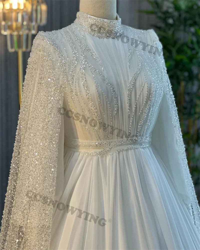 Wonderful  Chiffon Beaded Sequin Muslim White Puffy Sleeve  High Neck with Cape Wedding Dress Prom Dress Formal Occasion Dresses