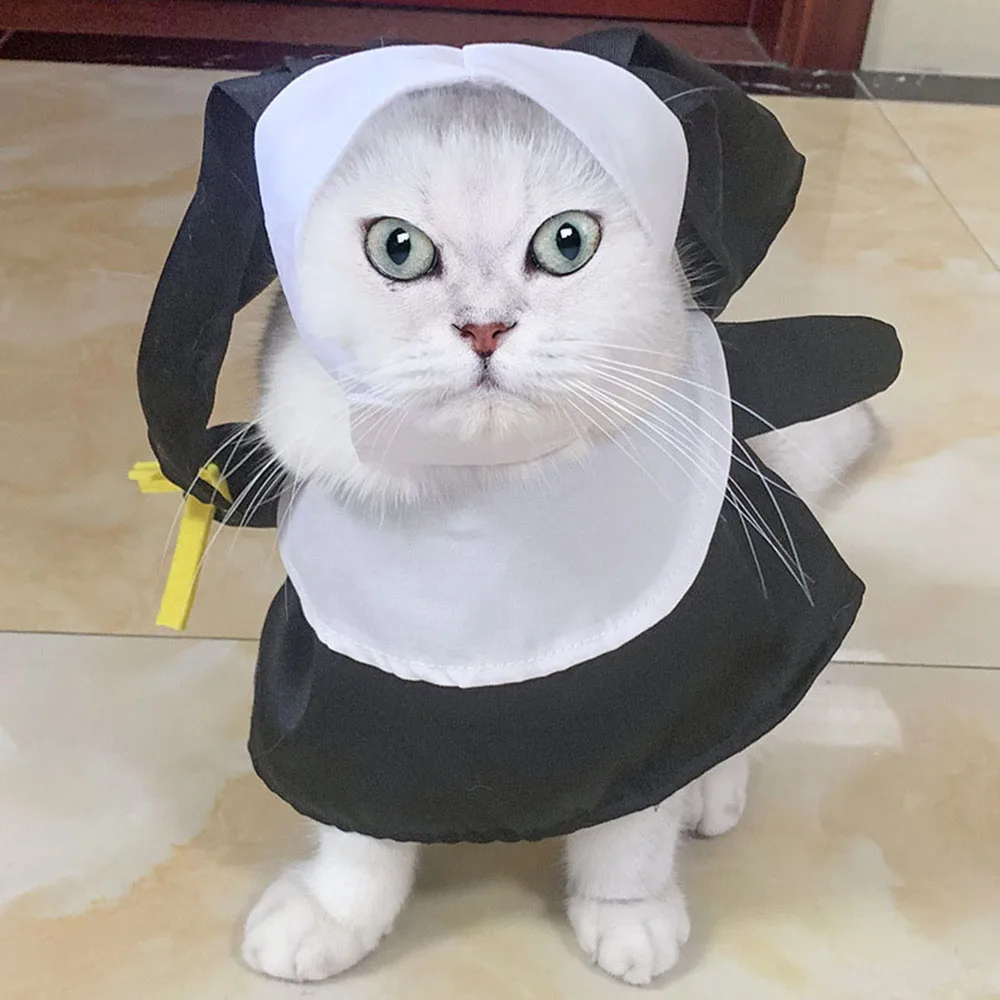 Pet Dress Cosplay Nun Headwear Puppy Kitten Nun Style Dress Halloween Dress Up Clothes Pet Costume Set Dog Transform Clothes