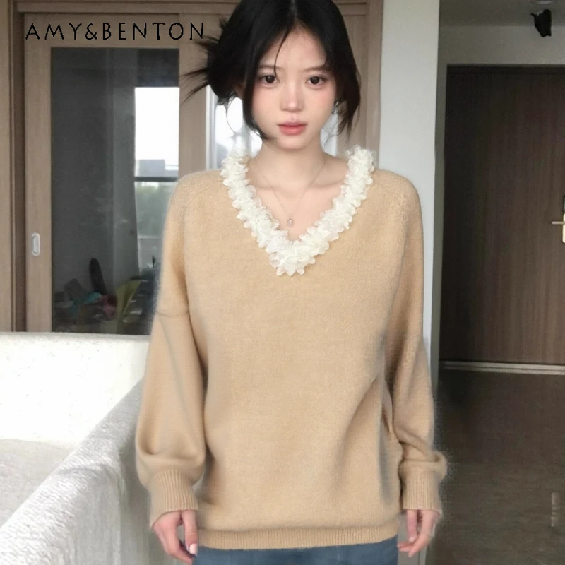 

Christmas Outfit V-Neck Women's Sweater 2025 Winter Atmosphere Lace Long Sleeve Knitted Loose Bow Tie Pullover Sweaters Ladies