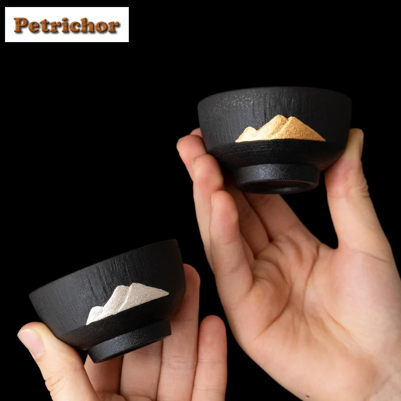 80ML Tracing Gold Silver Coarse Pottery Teacup Retro Tea Bowl Water Jug Tea-tasting Smelling Cup Jianzhan Master Cups Cafes Gift