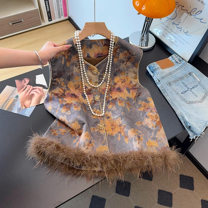 New Chinese Style National Trend Ostrich Feather Embroidery Heavy Industry Sleeveless Women's Vest Autumn Winter New Model Bu...