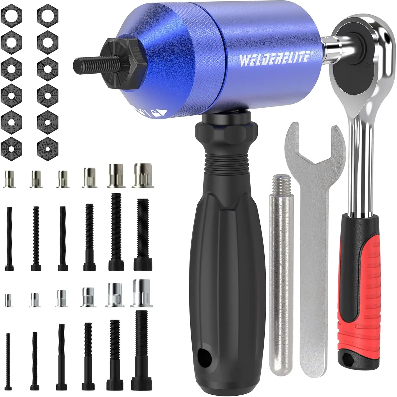 

Набор адаптеров для заклепочных гаек с двойным приводом (режимы дрель/трещотка), включает 270 гаек и 36 оправок, синий цвет