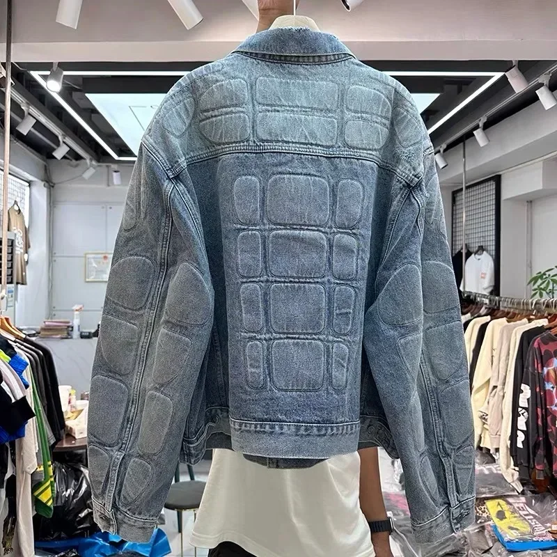 24SS Washed Blue Denim Jackets For Men Women High Quality Turtle Back Pattern Oversized Kanye Denim Jackets