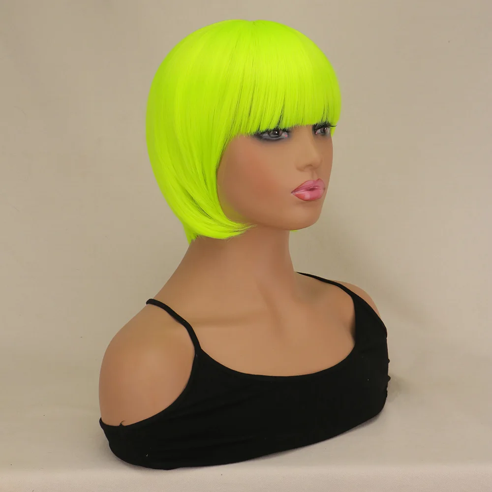 10 "짧은 로즈 핑크 스트레이트 가발 헤어 플래퍼 코스프레 의상 여성용 짧은 밥 가발 파티 Cosume 핫 핑크 걸스 유니섹스