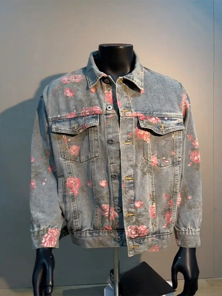 American Retro Print Denim Jaet Men's Winter Trend High Street Design Workwear Jaet Waed Denim irt Loose Fit Youth Fa...