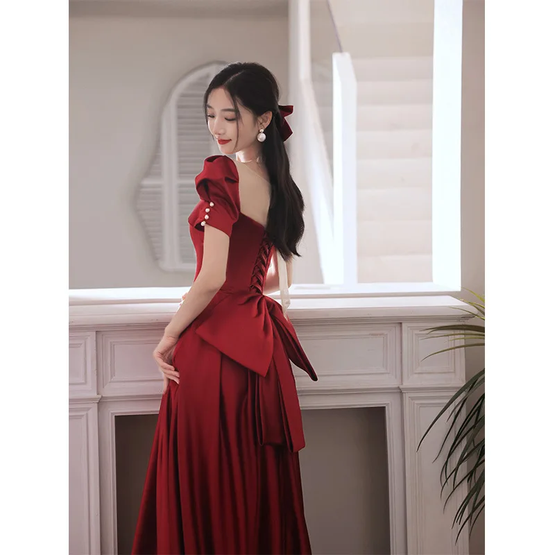 New Wine Red Evening Dresses Elegant Dress Women For Wedding Party Luxury Satin Square Neck Short Sleeve Back Bow Decorated