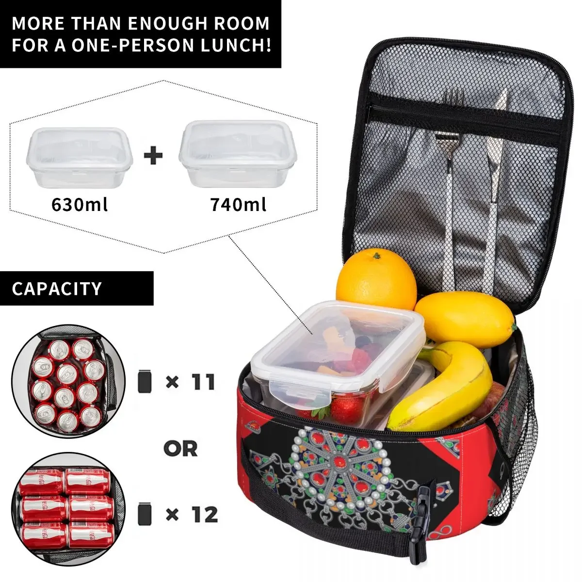 Kabyle Jewelry Resuable Lunch Box for Women Leakproof Amazigh Carpet Morocco Cooler Thermal Food Insulated Lunch Bag School