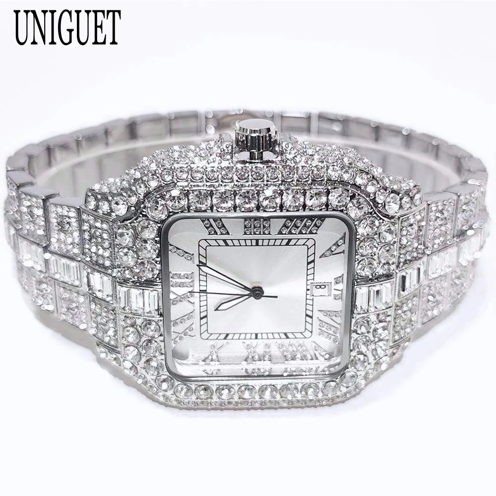 

2025 Luxury UNIGUET Watch For Men Fashion Square Iced Out Wristwatch Hip Hop Diamond Jewelry Quartz Wristwatches Mens Gift Reloj