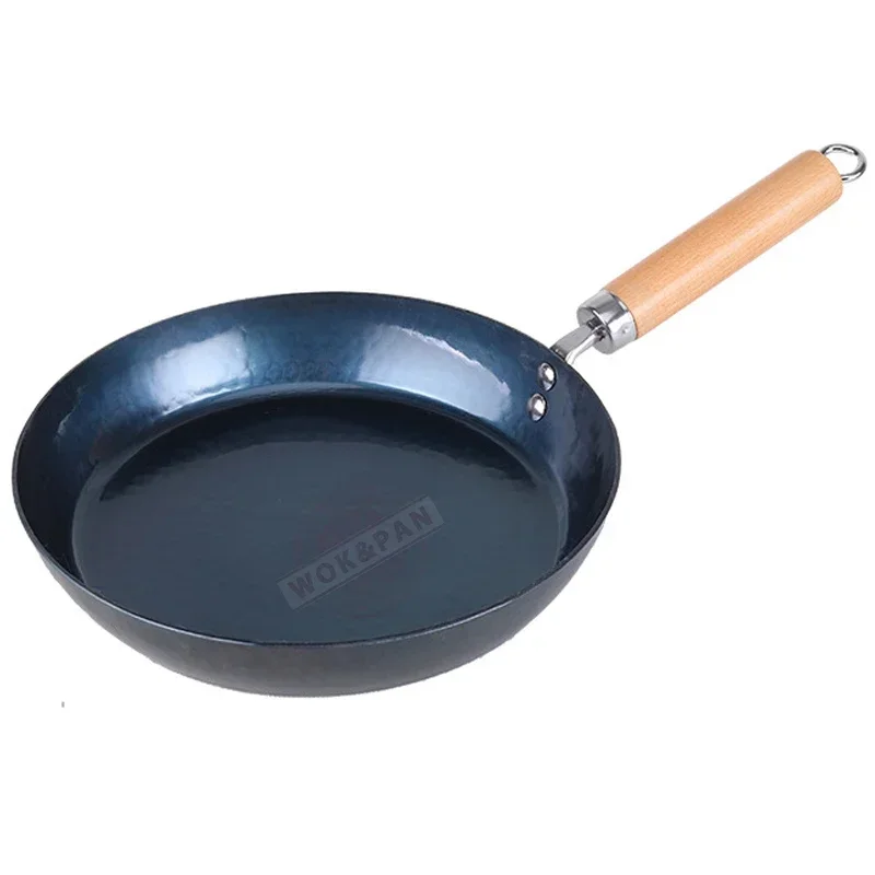 Iron Skillet 20/24/26/28cm Blue Iron Pans with Detachable Wooden Handle No Nonstick Coating Frying Omelette Frying Pan