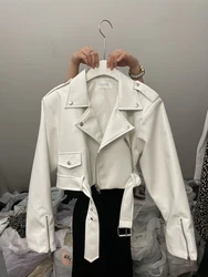 Women's White Leather Short Jacket Coat Vintage Motorcycle Jacket Fashion Streetwear Korean Loose Mustang Outerwear Clothes 2024