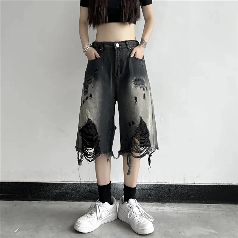 

GIDYQ Y2K Ripped Jeans Women Vintage Streetwear Denim Shorts HighWaist Baggy Wide Leg Short Pants Harajuku BF Knee Length Shorts