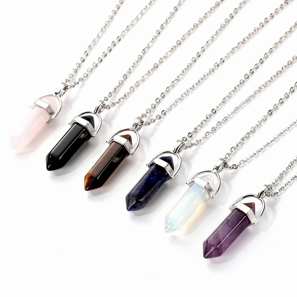 Hexagonal Column Quartz Necklace Turquoises Pink Crystal Pendents Necklace for Women Leather Chain Natural Stone Choker Necklace