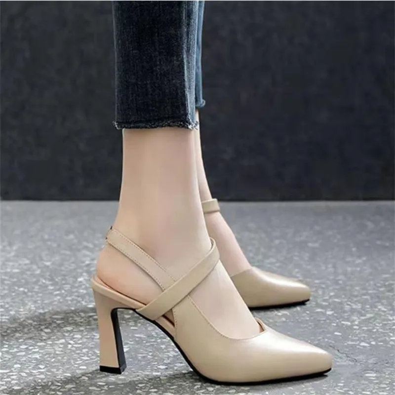 Women Fashion Spring & Summer Hollow Out Pointed Toe Office Beige High Heel Shoes Lady Casual Hotel Work Buckle Strap Pumps