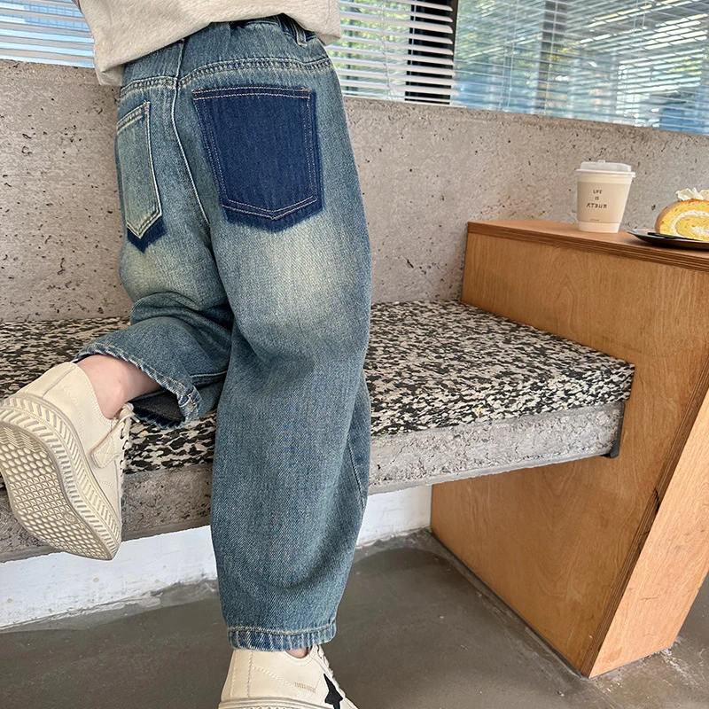 

Girls Jeans 2024 Korean Spring And Autumn New Loose Fashion Straight Leg Pants Color Matching Large Pockets Children Clothes