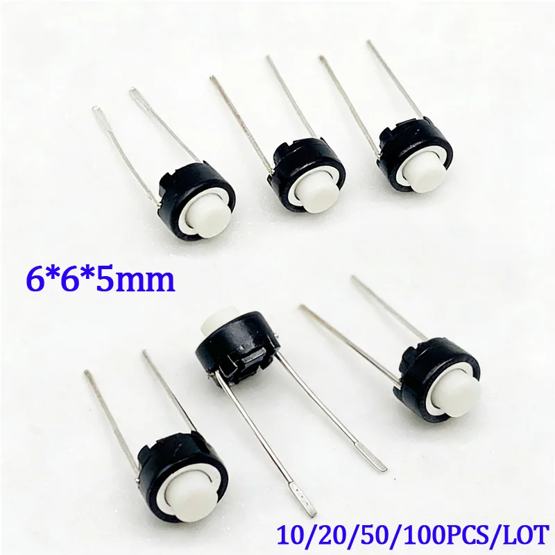 10/20/50/100 Stück 6x6x5mm DIP Taktiler Drucktastenschalter 2-Pin Runder Knopf Mikro-Tastschalter Weiß Schwarz für DIY-Leiterplatten – Detail 1