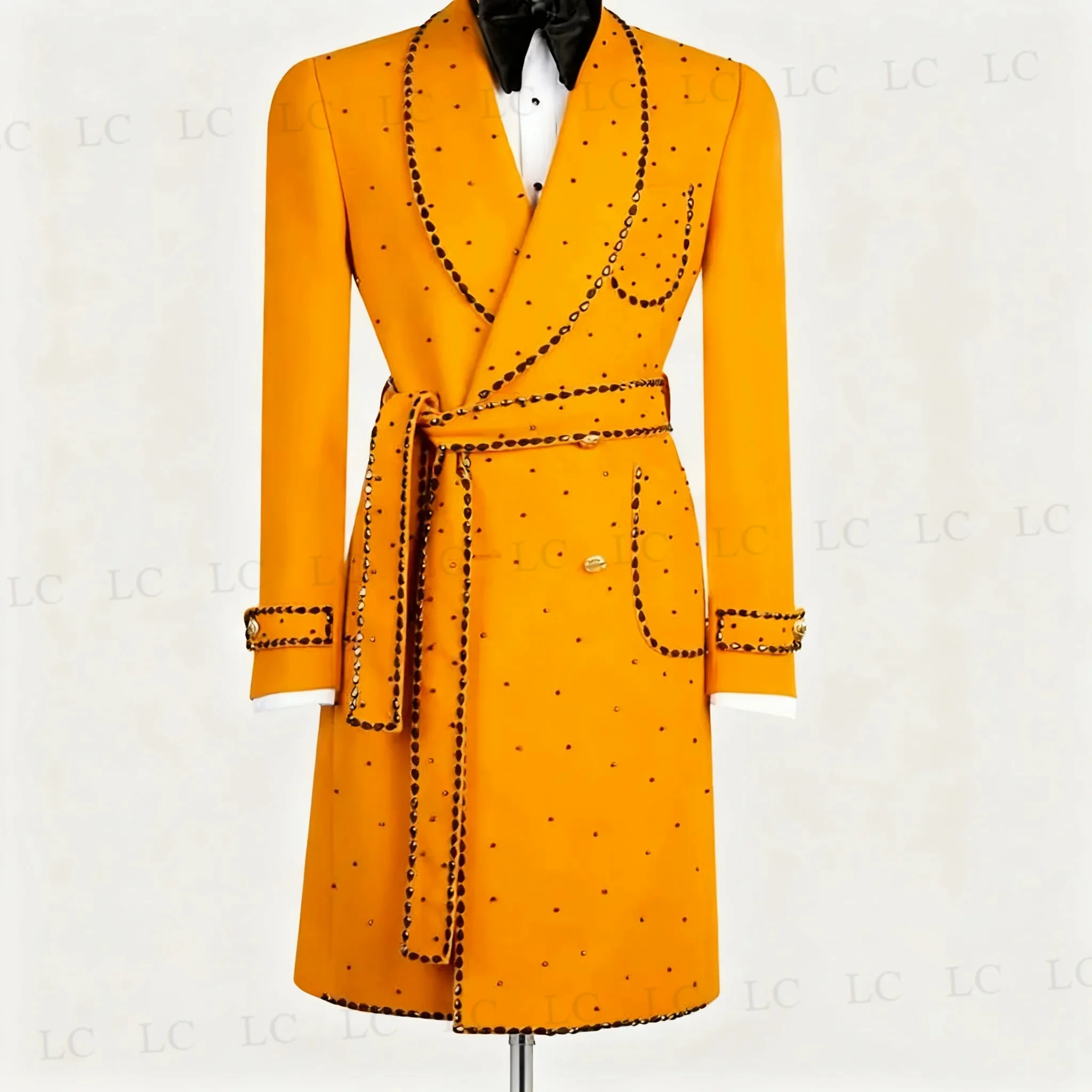 

Long Overcoat One Piece Men Suits Blazer One Button Belt Wide Lapel Custom Beadings Formal Prom Wedding Groom Uniform Tailored