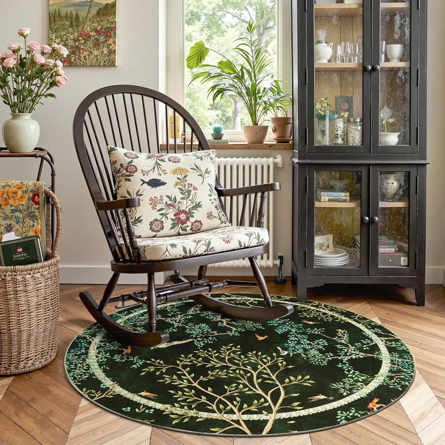 Forest Bird Tree Round Rug Dark Green Base with Delicate Branches for Entryway
