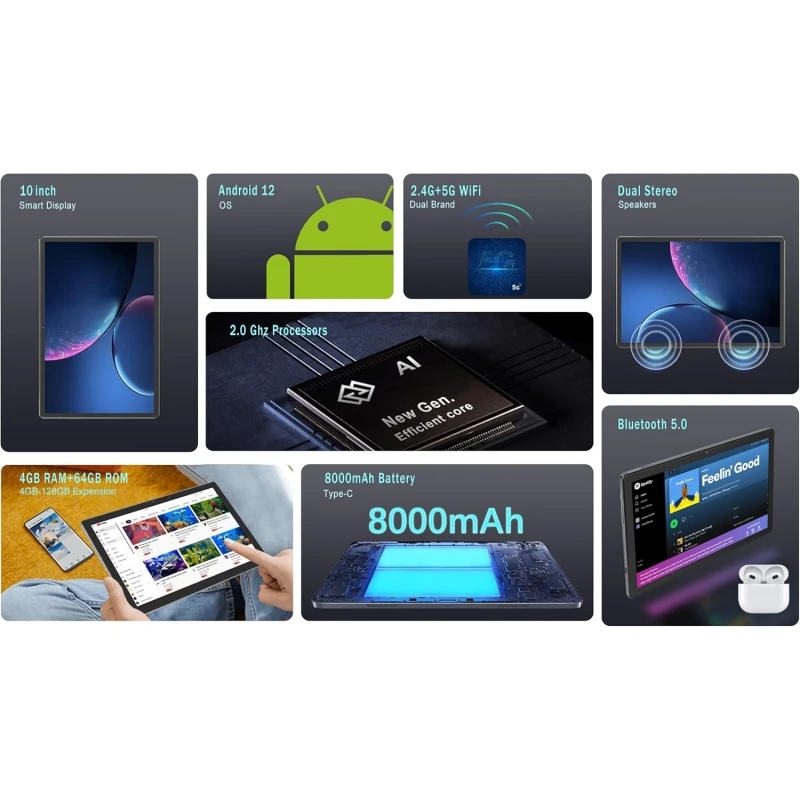 1280x800 IPS 10.1" Android 12 Tablet PC UNISOC T310 Quad-Core 4GB RAM 64GB ROM 8000mAh Dual Camera