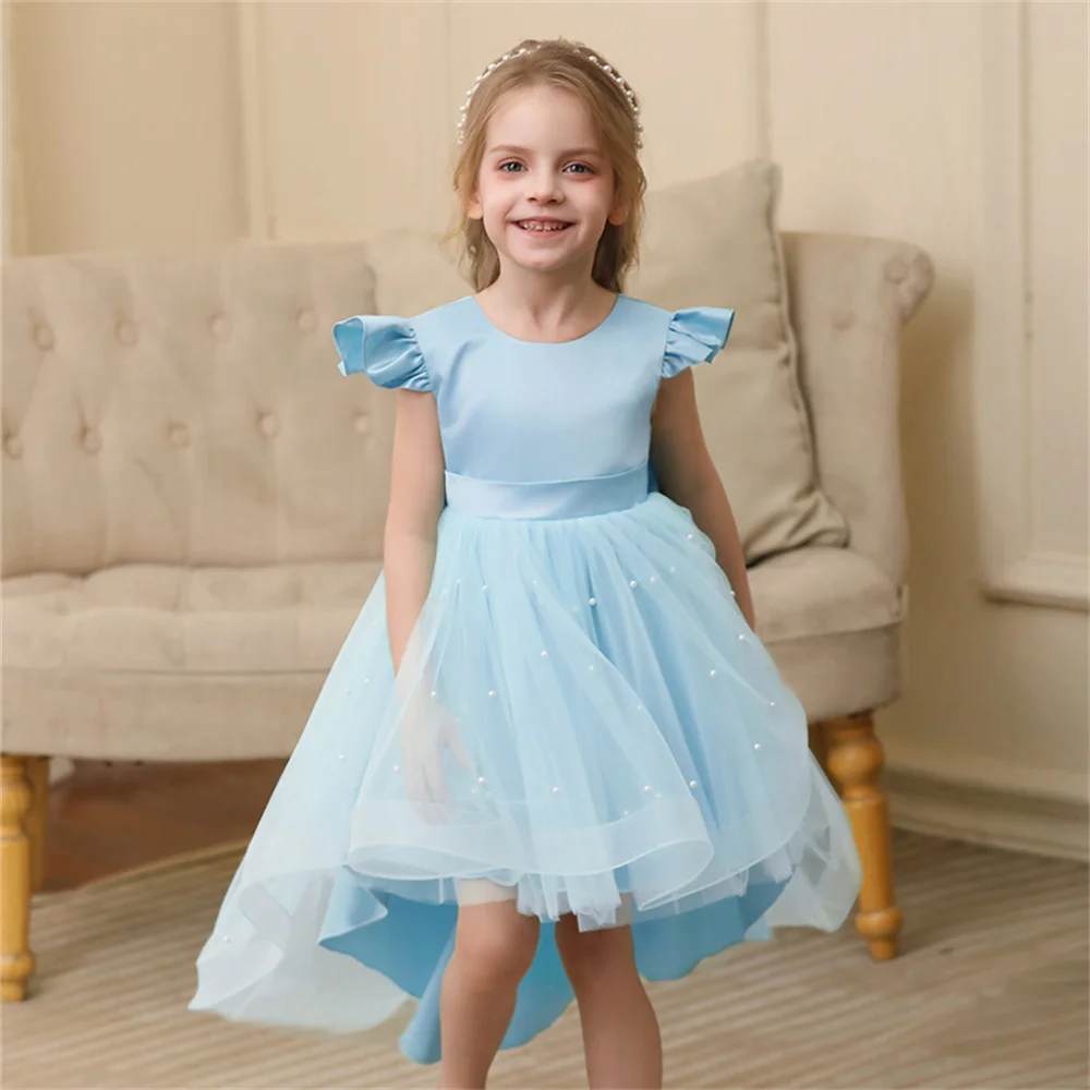 

Girl's Princess Dress Tailing Dresses Children's Blue Gauze Dress Host Piano Performance Dress Flower Girl Wedding Little Girl